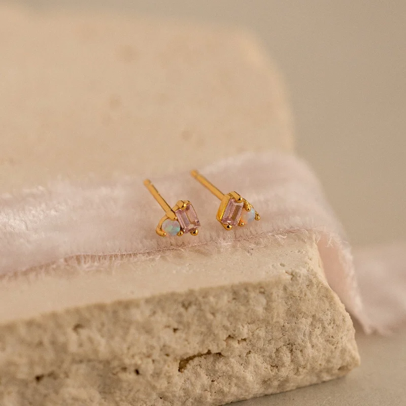 Hoop earrings with snake print designs for an edgy, wild appearance-Pink Baguette Opal Studs