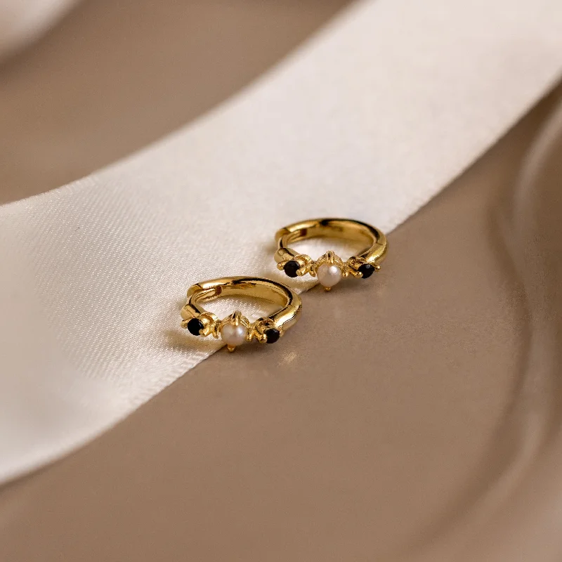 Hoop earrings with satin finishes for a smooth and elegant appearance-Pearl & Onyx Huggies