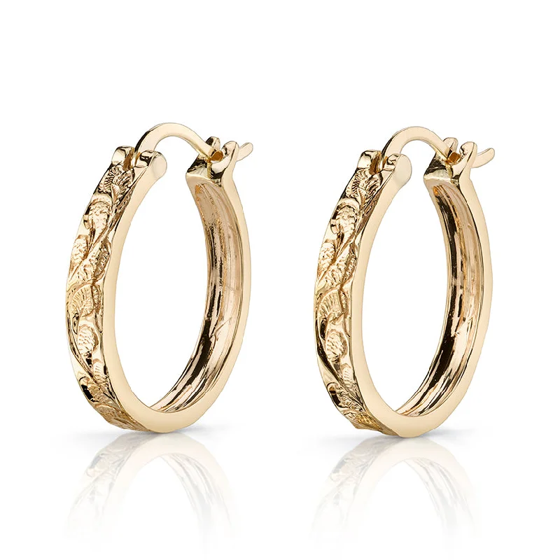 Hoop earrings with stacked layers for a bold and textured design-14K Yellow Gold Engraved Hawaiian Hoop Earrings