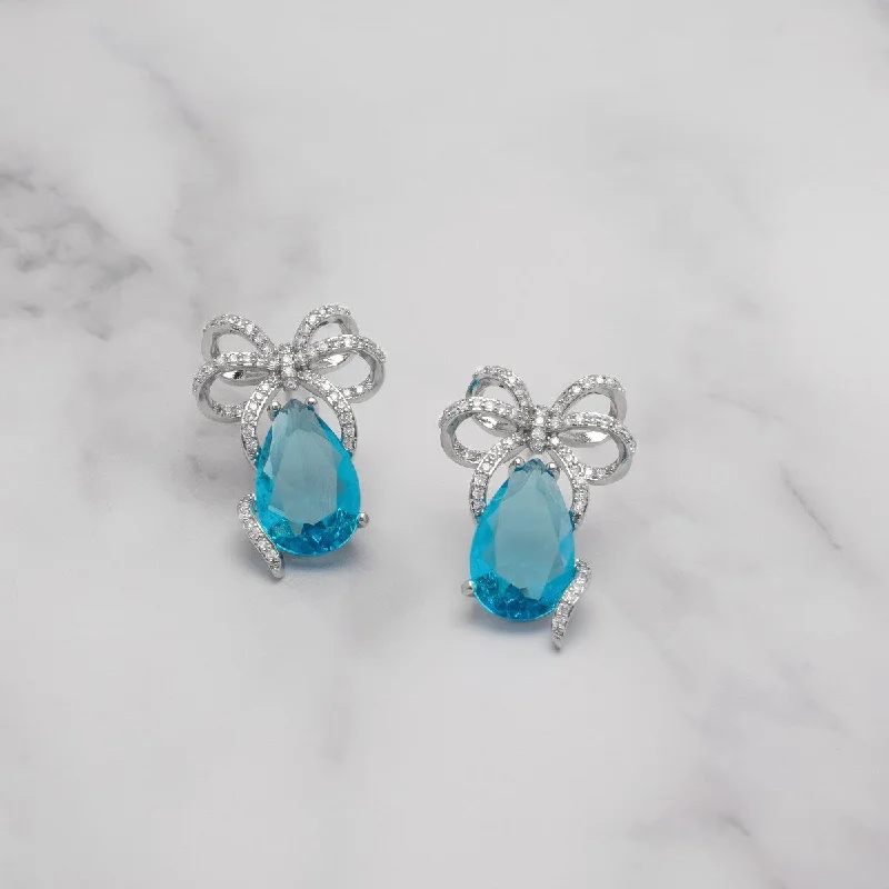 Best hoop earrings with braided leather for a rustic, stylish finish-Victoria Townsend Silver Plated Blue and White Cubic Zirconia Stone Bow Earring.