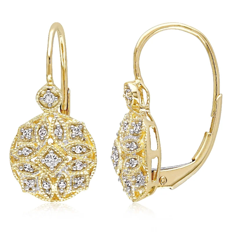 Hoop earrings with a matte finish for a sleek and sophisticated appearance-Vintage Cluster 14k Yellow Gold 1/8ct TDW Diamond Leverback Earrings by Miadora - 19.5 mm x 9.6 mm x 13.5 mm