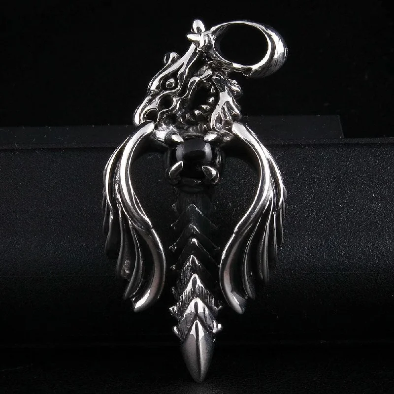 Stunning necklaces and pendants with ruby gemstones for a luxurious red hue-Black Onyx Angel Dragon 925 Sterling Silver Gothic Pendant