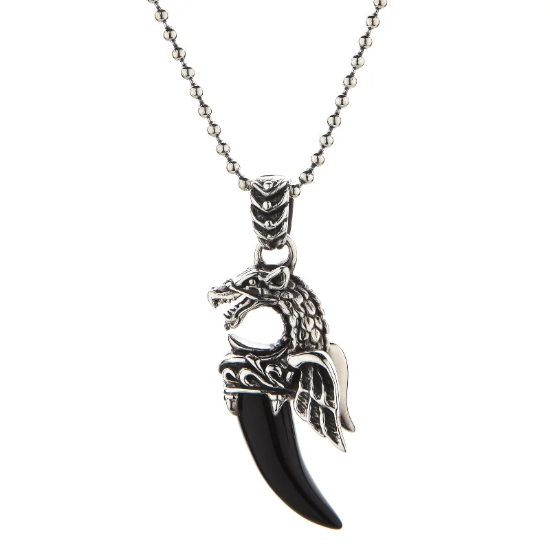 Best necklaces and pendants with emerald gemstones for a rich, sophisticated design-Dragon Wolf Sterling Silver Black Onyx Tusk Pendant