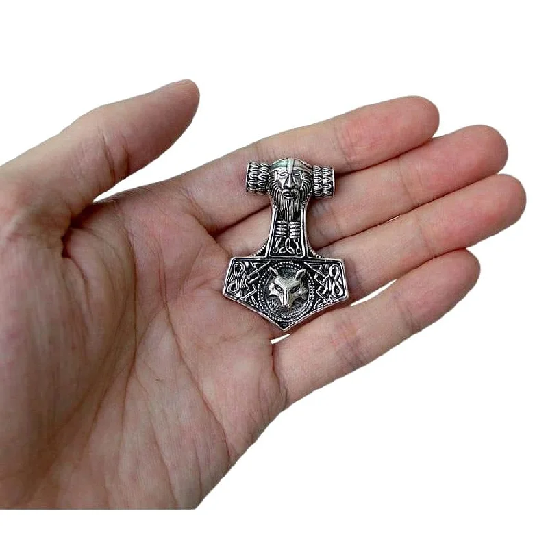 Necklaces and pendants with geometric pendants for a clean, contemporary design-Fenrir Wolf God Mjolnir Thors Hammer Sterling Silver Pendant