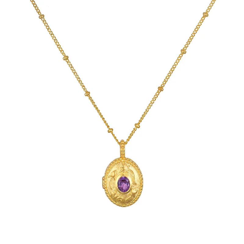 Personalized necklaces and pendants with initials for a customized and meaningful gift-Lotus Amethyst Birthstone Locket Necklace - February