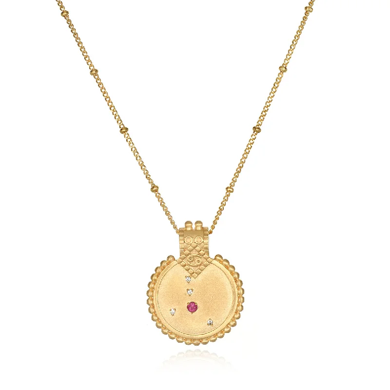 Necklaces and pendants with custom engravings for a personal, meaningful gift-Mandala Zodiac Cancer Ruby Necklace