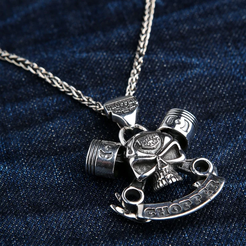 Best necklaces and pendants with intricate filigree for vintage-inspired elegance-Motorcycle Chopper Engine Wrench Piston Skull Sterling Silver Biker Pendant