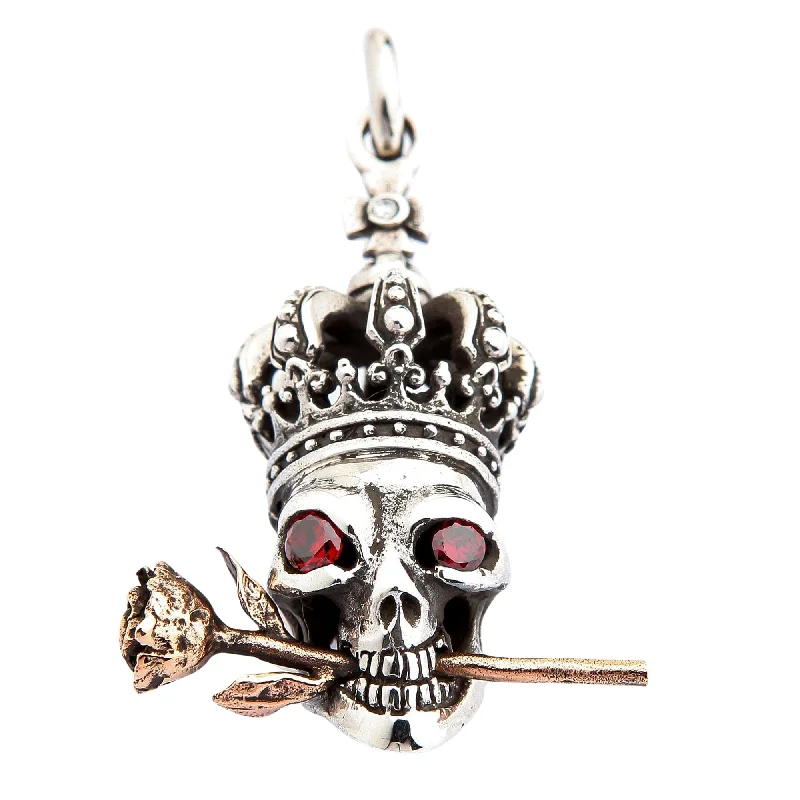 Best necklaces and pendants with infinity hearts for a romantic, eternal symbol-Red Garnet Eyes Crown Skull and Rose Sterling Silver Gothic Pendant