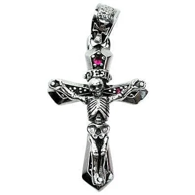 Best necklaces and pendants with opal gemstones for an iridescent glow-Red Ruby Skull Skeleton Cross Sterling Silver Biker Pendant