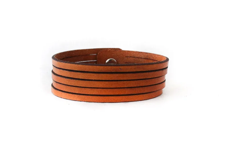 Necklaces and pendants with enamel accents for a colorful, eye-catching appearance-Thin Strips of Leather Cuff in Golden Brown