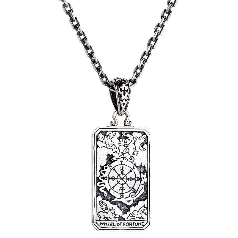 Beautiful necklaces and pendants with layered chains for a fashionable, chic look-Wheel of Fortune Tarot Card Sterling Silver Pendant