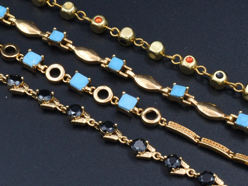 Necklaces and pendants with pearls for a classic and sophisticated touch-Women's Gold Bracelet Chain With Black Cubic Zirconia bohemian / Turquoise Bling  for Jewelry Making tarnish resistant